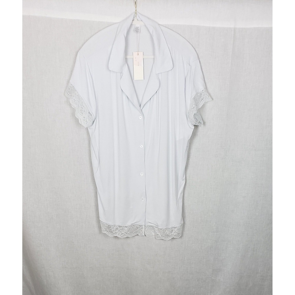 Eberjey Ice Blue Tencel Modal Lace Trim Short‎ Sleeve Button Front L Top Lounge
